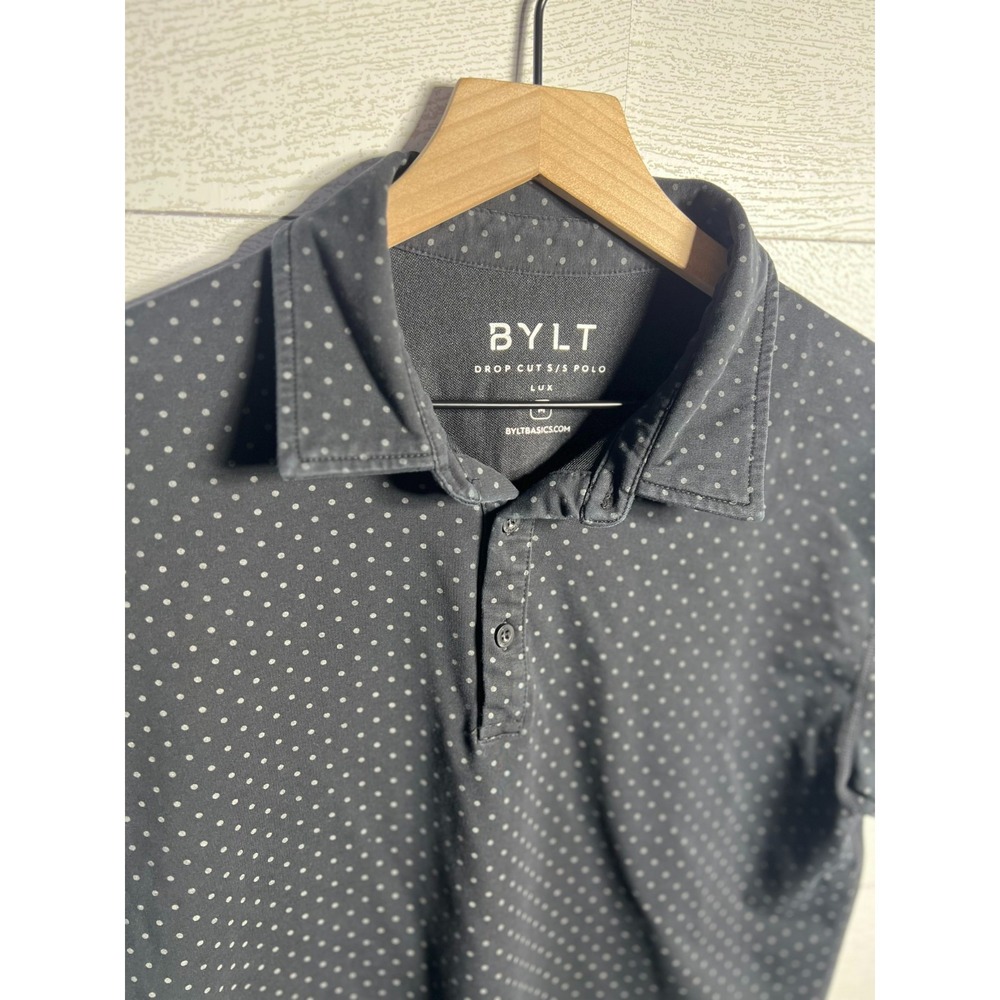 BYLT Basics Mens Medium Lux Drop Cut Polo Shirt Black Grey Geometric Polka Dot